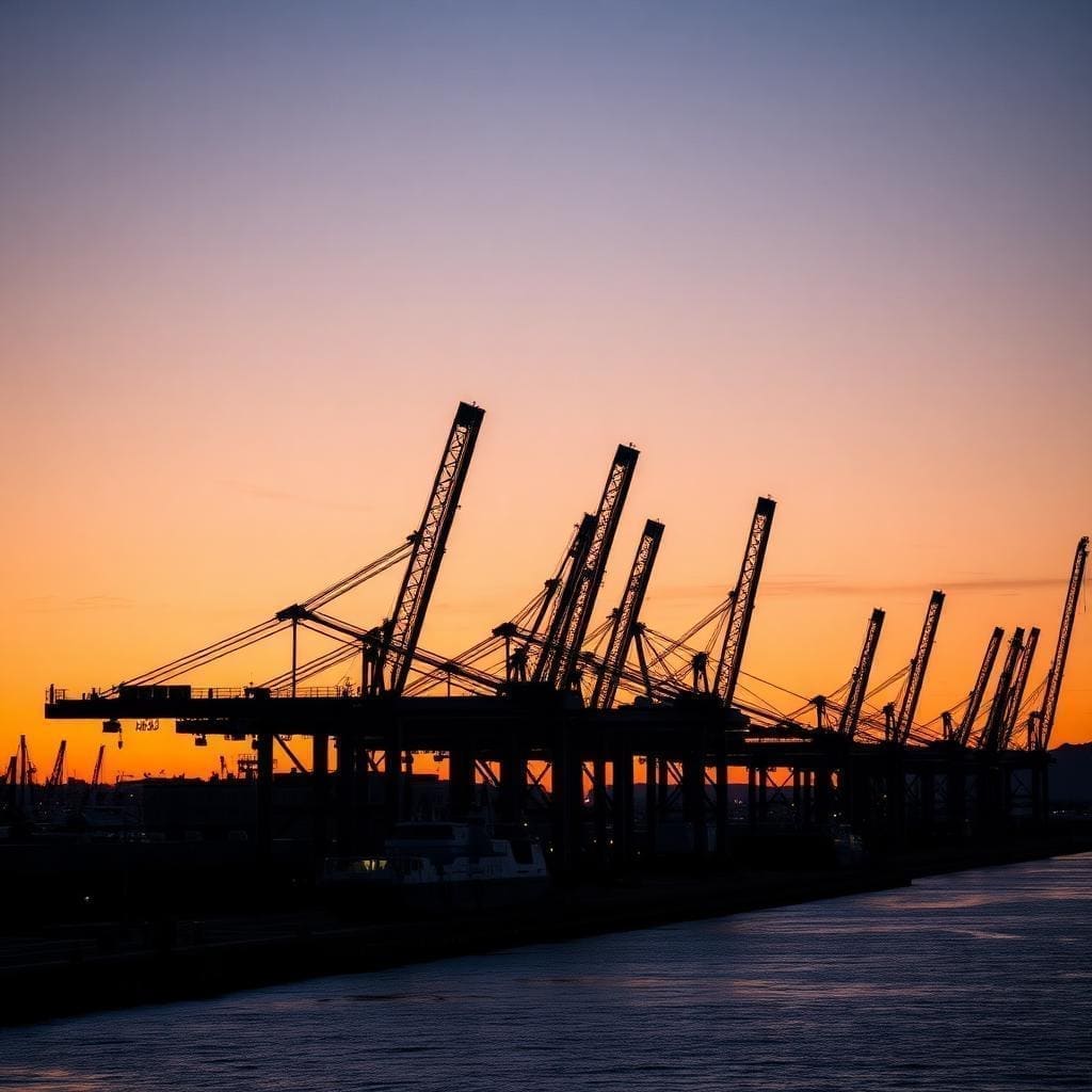 Container ship at a New Zealand port at dusk with cranes loading freight, illustrating supply chain risk and business interruption exposure for NZ boards