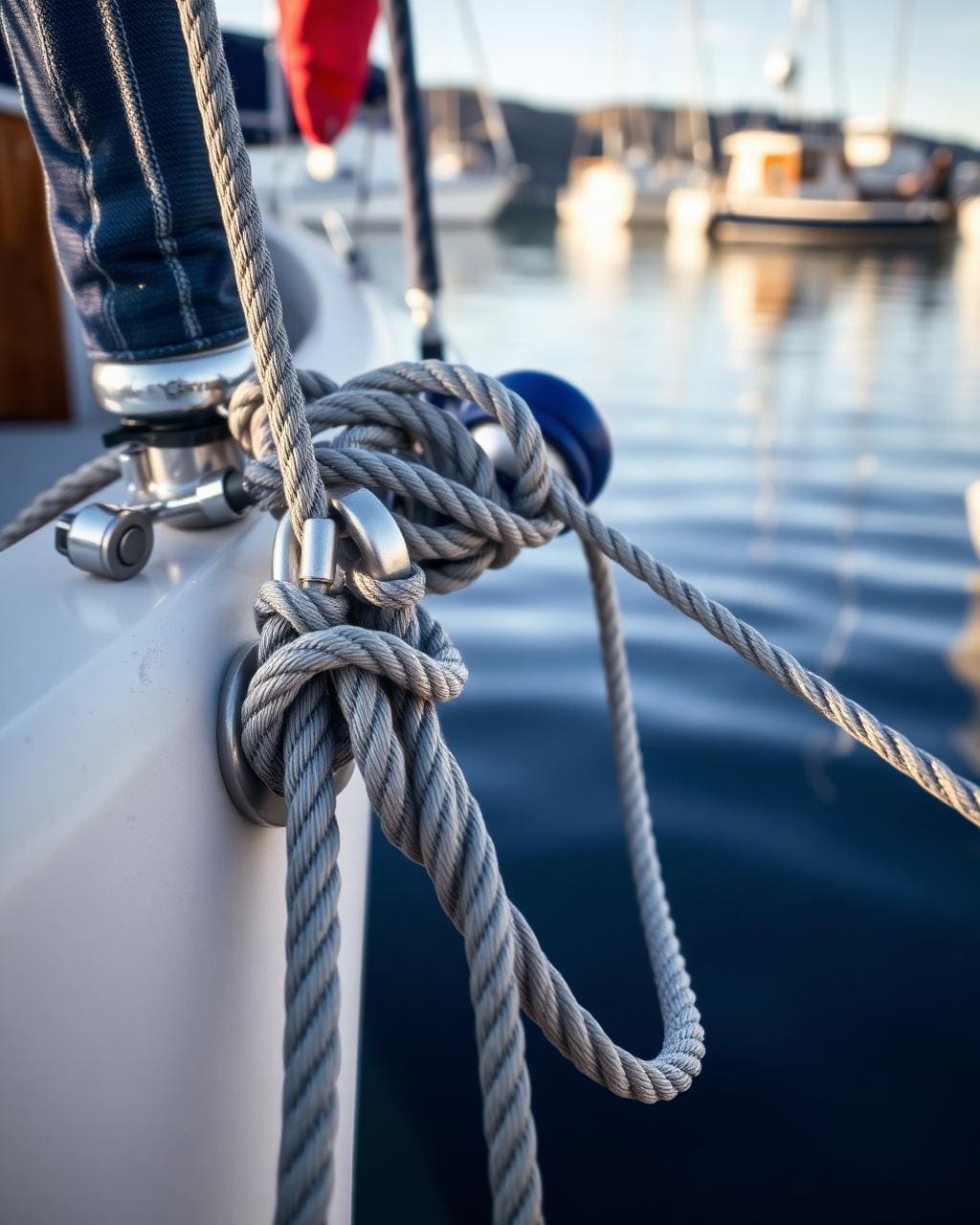 Close-up of a bow cleat and coiled mooring rope on a pleasure craft in a calm harbour