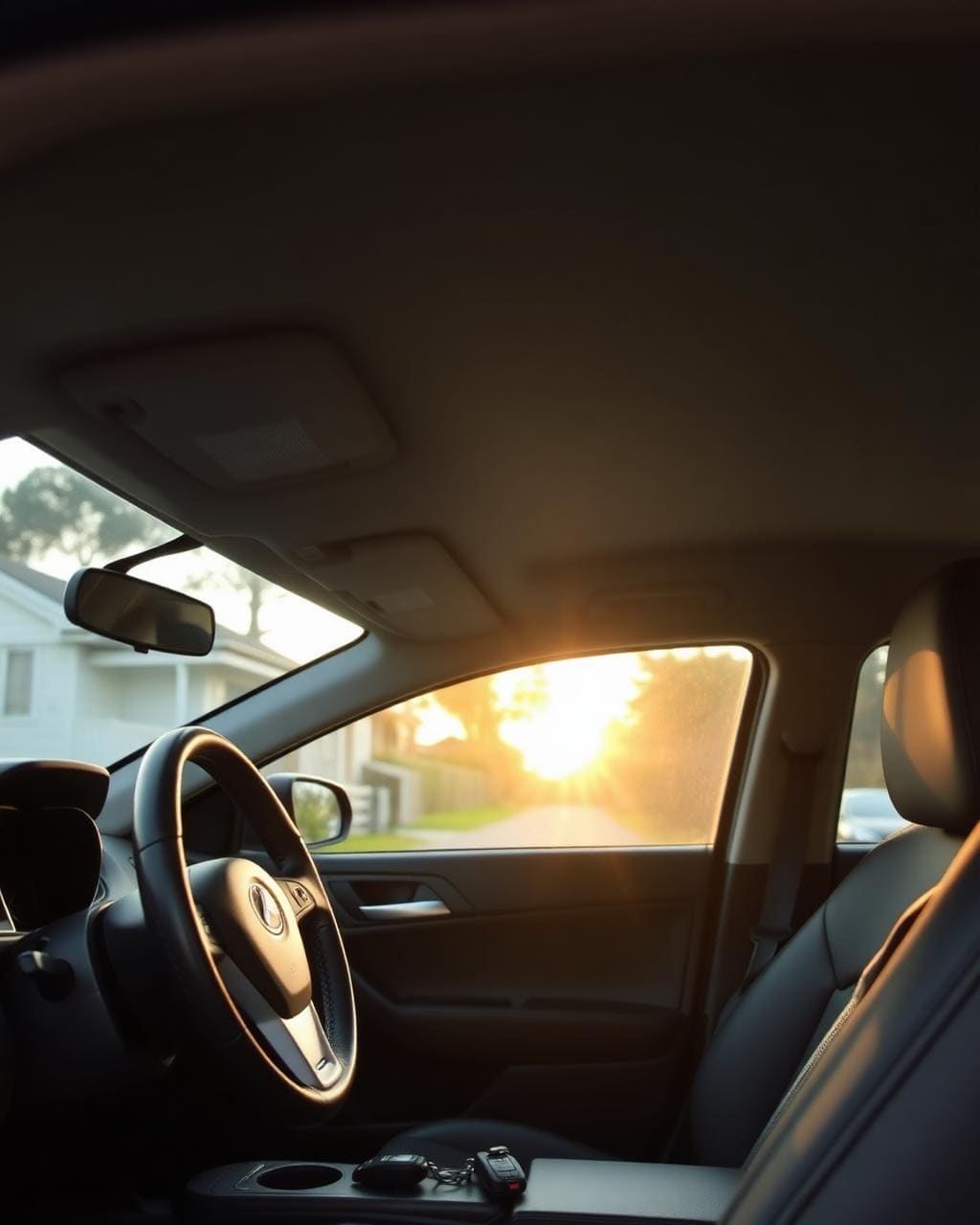 Family car interior at golden hour with keys on the seat and a quiet suburban street through the window