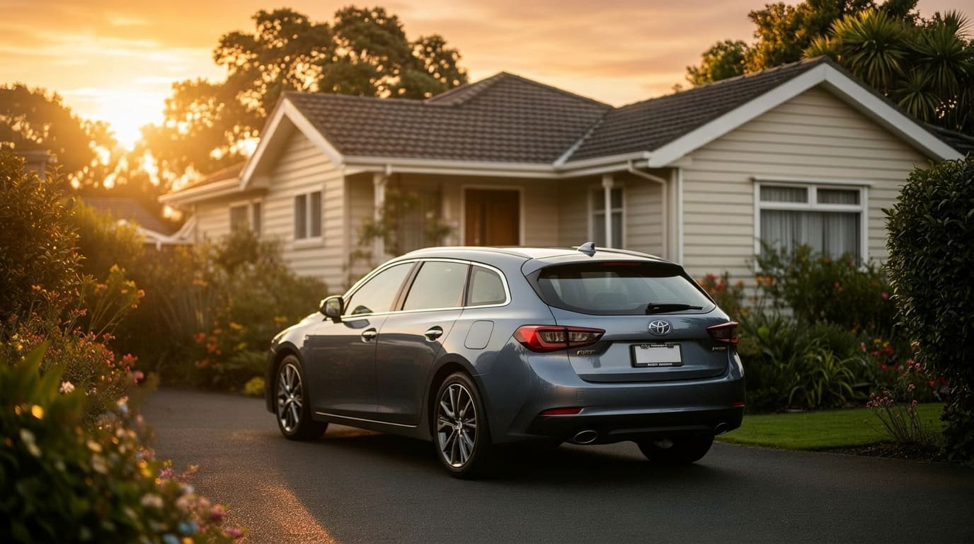 Private family car parked in the driveway of an Auckland suburban home at golden hour