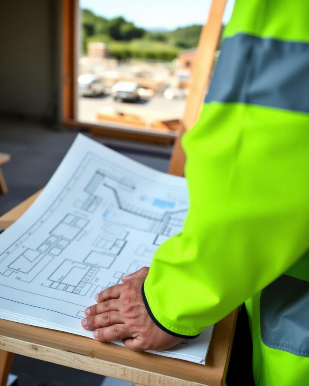 Close-up of a builder's hands in hi-vis sleeve reviewing architectural plans on a site table