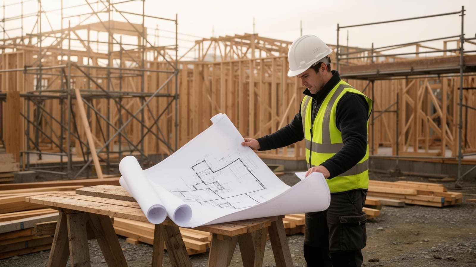 Builder in hi-vis reviewing architectural plans on an active New Zealand construction site