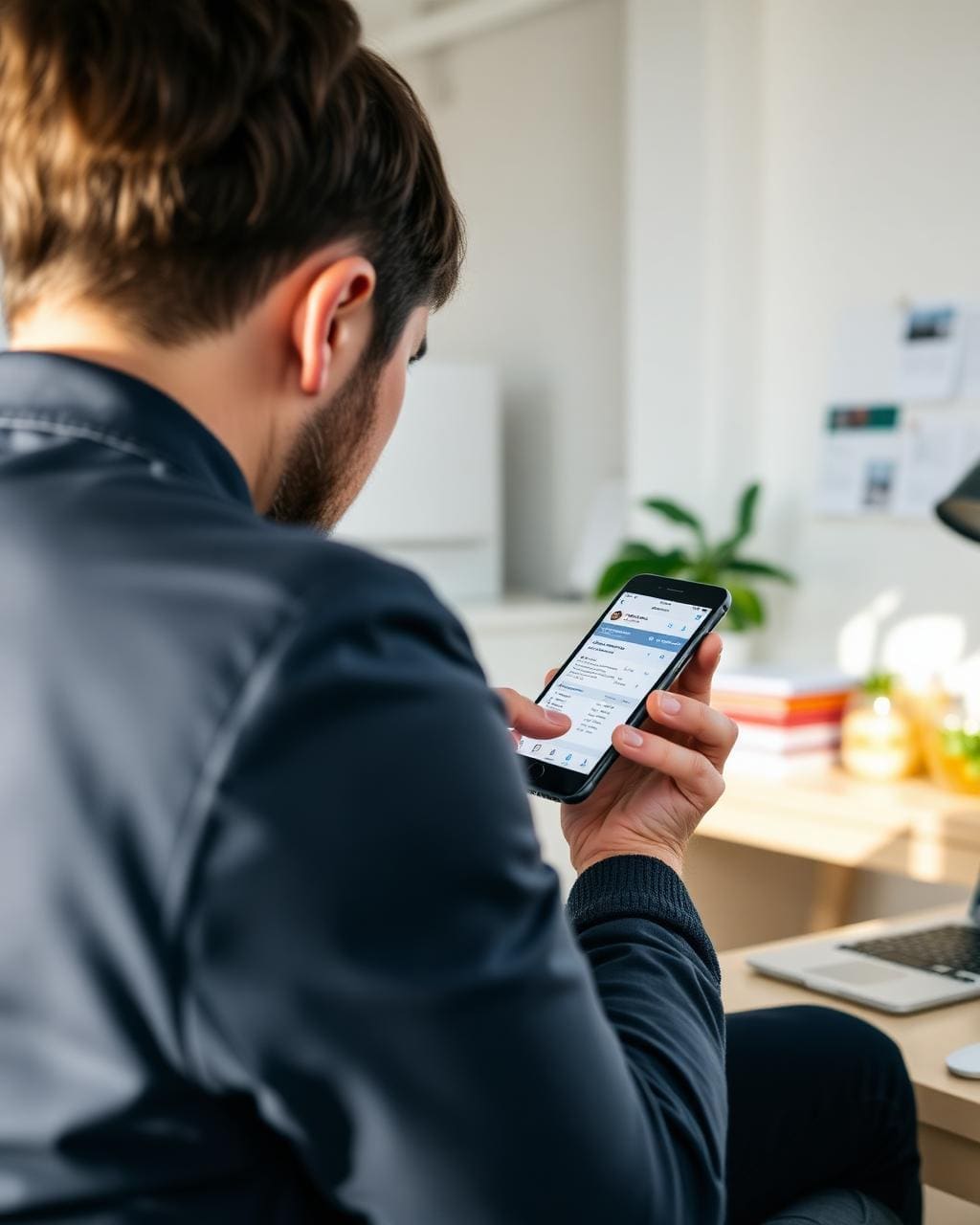 Over-the-shoulder view of a small business owner reviewing an email on a smartphone at a tidy desk