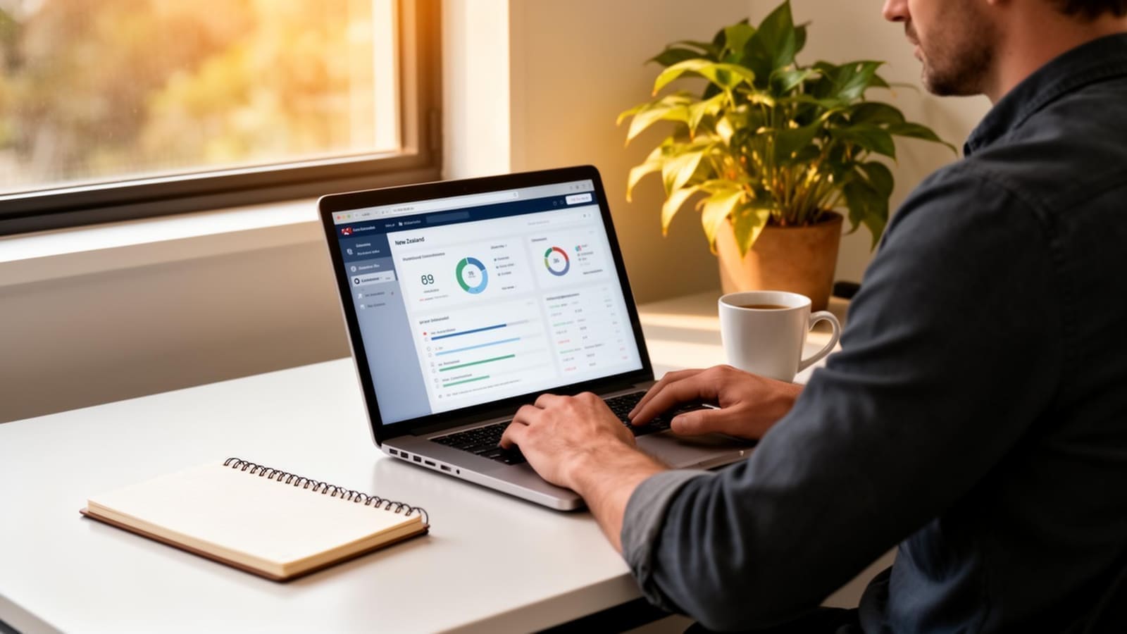 New Zealand business owner reviewing a security dashboard on a laptop in a calm modern office