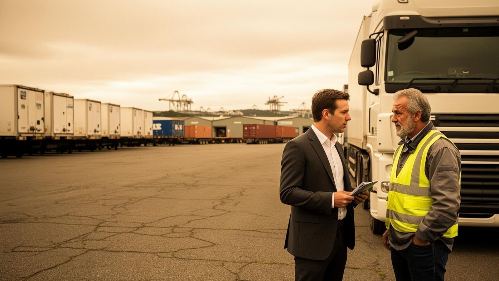 Marble adviser speaking with a New Zealand trucking company owner in a freight yard