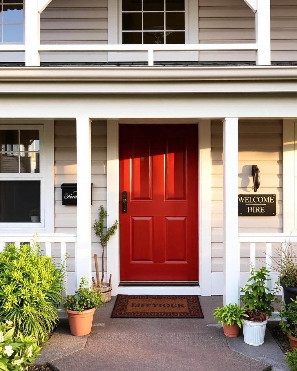 Detail of a weatherboard villa front door and verandah with potted plants and a welcome mat