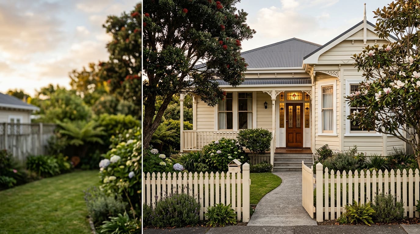 Detail of a weatherboard villa front door and verandah with potted plants and a welcome mat