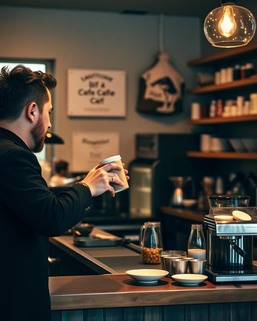 Barista handing a takeaway coffee across the pass in a small New Zealand cafe