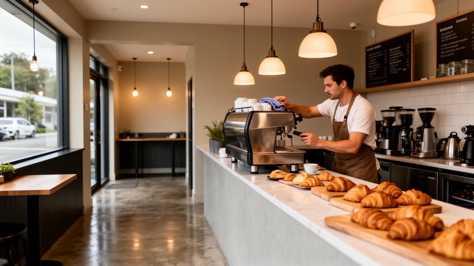 Barista handing a takeaway coffee across the pass in a small New Zealand cafe