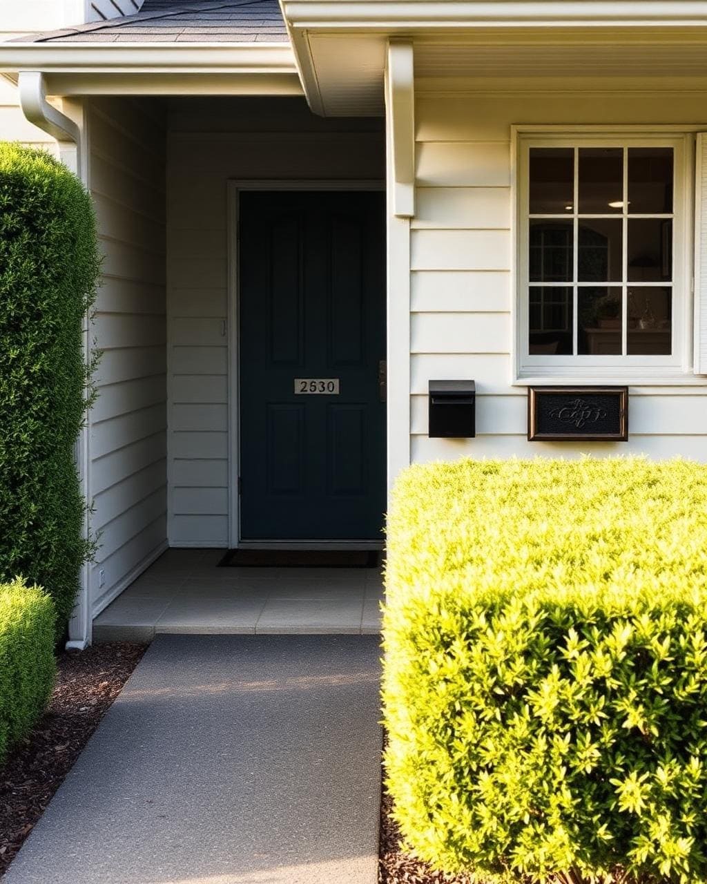 Tidy New Zealand rental property front path with letterbox and a neat hedge