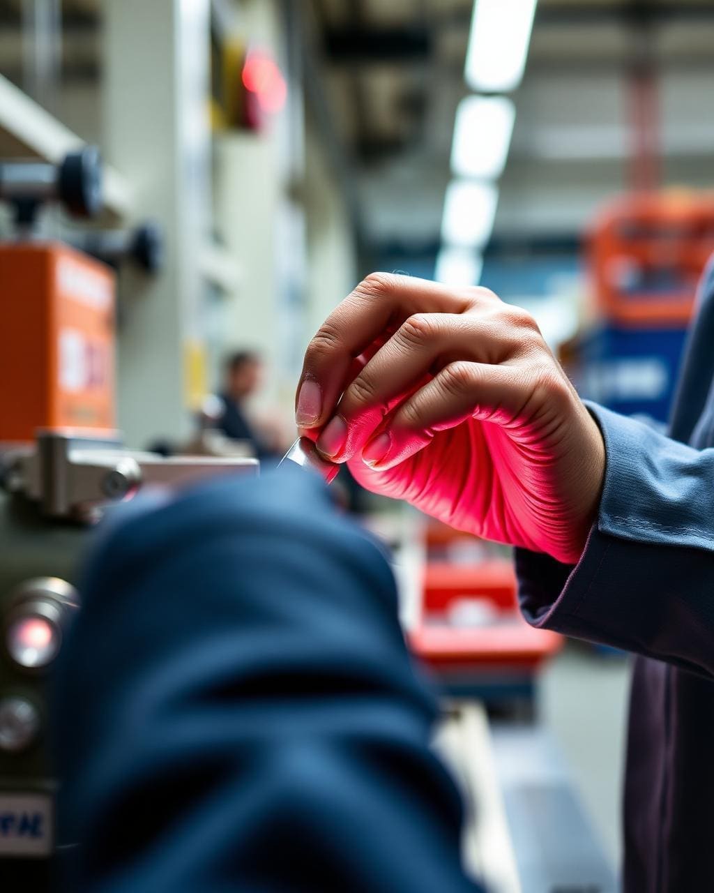 Close-up of an operator's hands inspecting a finished part on a New Zealand manufacturing floor