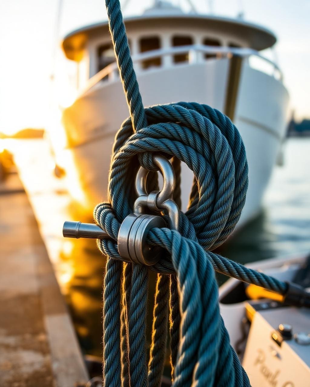 Coiled dock lines and metal cleat on a working New Zealand wharf at golden hour