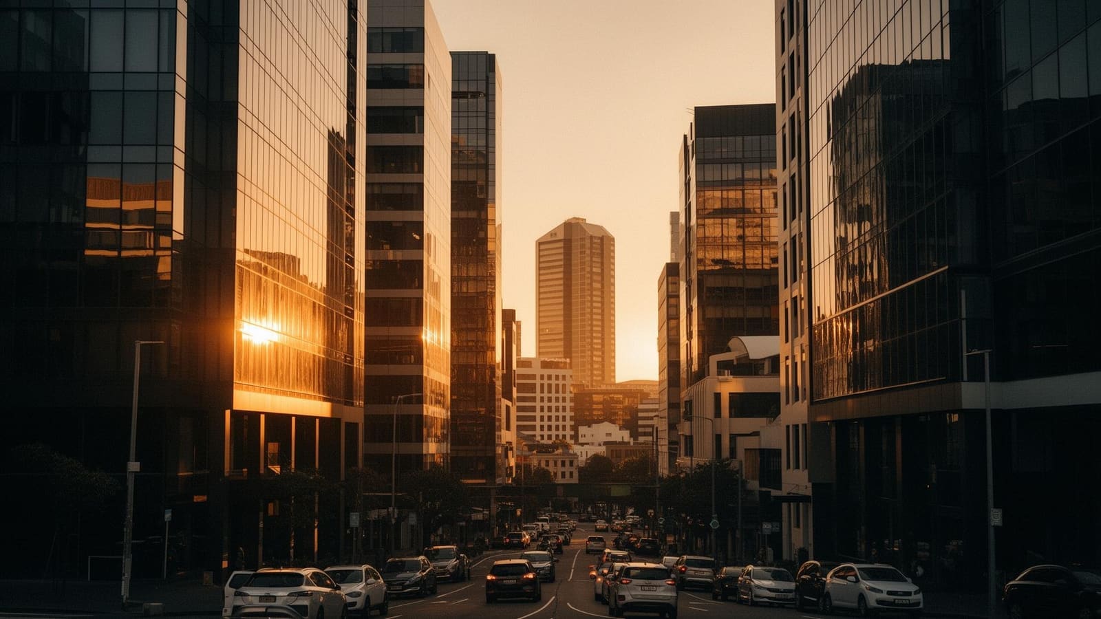 Auckland CBD commercial district skyline at golden hour, illustrating premium funding for New Zealand businesses spreading insurance costs across the year