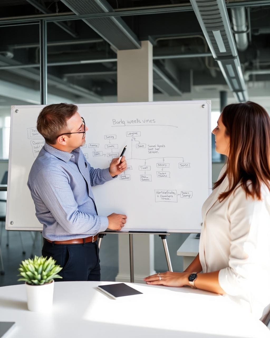 Two consultants sketching a workflow diagram on a whiteboard in a modern office