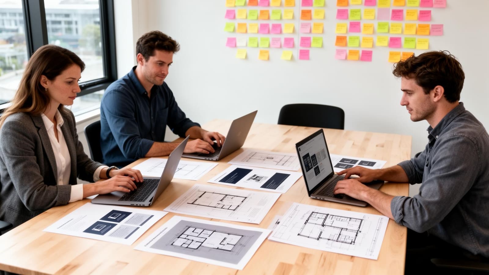 Two consultants sketching a workflow diagram on a whiteboard in a modern office