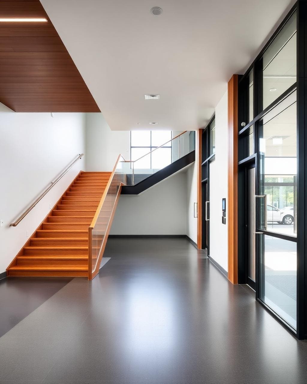 Clean modern lobby and stairwell inside a tidy New Zealand commercial property