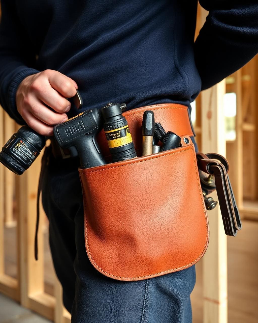 Detail of a tradesperson's leather tool belt with a cordless drill against a freshly framed timber wall