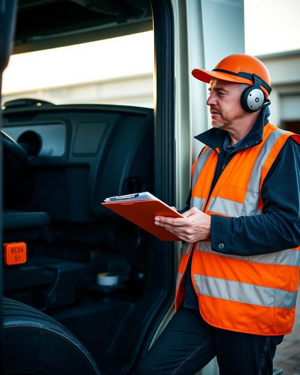 Truck driver in hi-vis vest doing a pre-trip walk-around inspection with a clipboard beside a freight cab