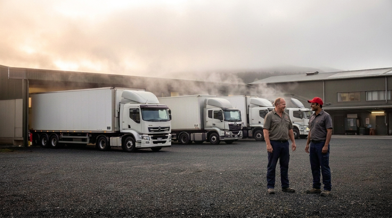 Truck driver in hi-vis vest doing a pre-trip walk-around inspection with a clipboard beside a freight cab