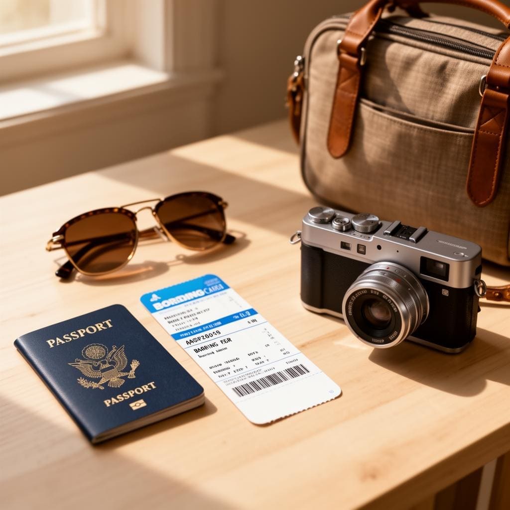 Passport, boarding pass and travel accessories arranged on a light wooden surface
