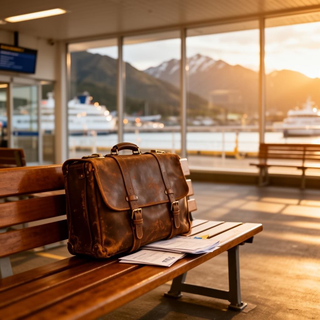 Passport, boarding pass and travel accessories arranged on a light wooden surface
